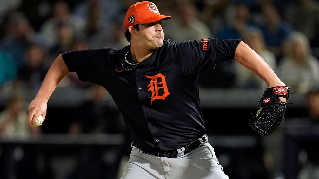 FILE -Detroit Tigers pitcher RJ Petit throws during the first inning of a spring training baseball game against the New York Yankees Thursday, March 7, 2024, in Tampa, Fla.