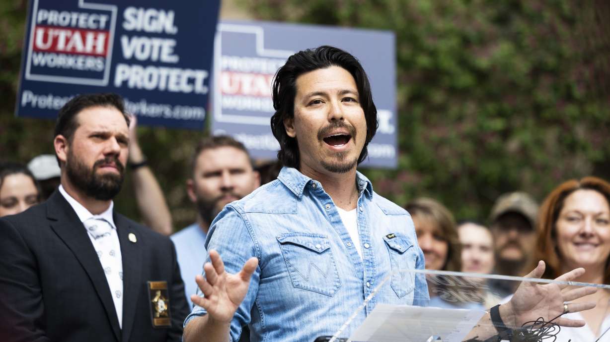 John Arthur, a sixth-grade teacher at Meadowlark Elementary, speaks in support of a referendum on HB267 in Salt Lake City on April 16. Arthur was sworn in as a state lawmaker and cast his first vote Tuesday to repeal HB267.
