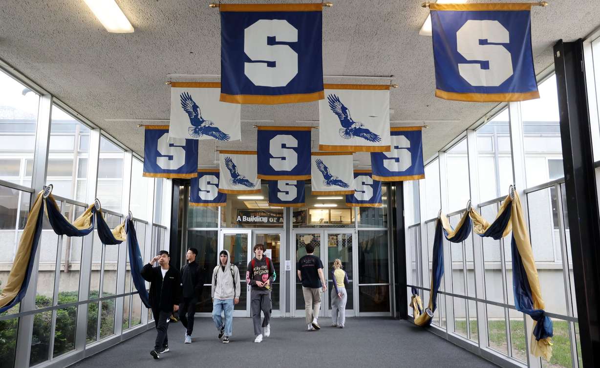 Students walk through Skyline High School in Millcreek on May 22, 2024. Utah's four-year cohort graduation rate rose one percentage point to 89.9%, according to a new report from the Utah State Board of Education released on Wednesday.
