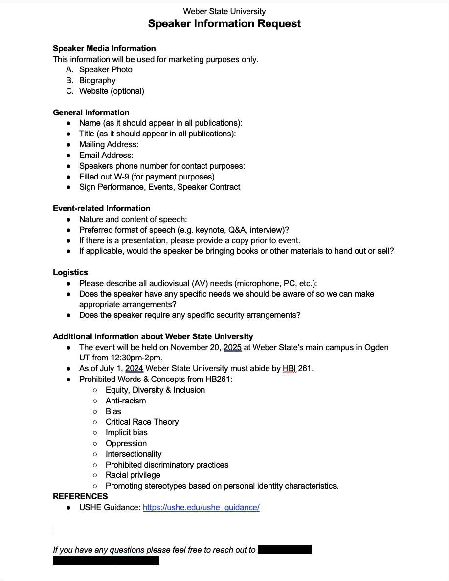 The head of the Utah System of Higher Education says Weber State erred in crafting a list of "prohibited" words applicable to guest speakers. The document contains the "prohibited words and concepts," supplied to a proposed speaker who later opted not to speak at the school.