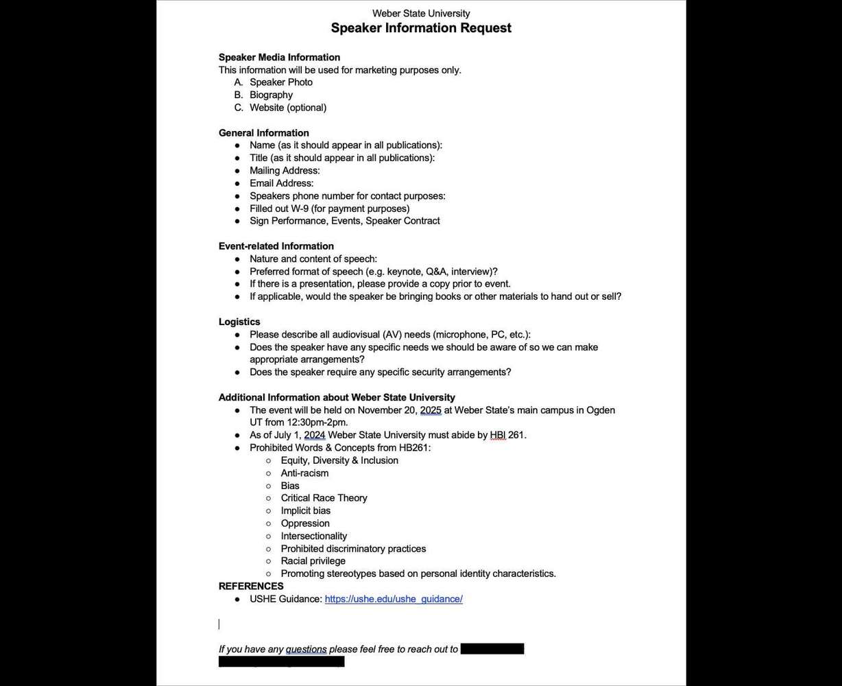 The head of the Utah System of Higher Education says Weber State erred in crafting a list of "prohibited" words applicable to guest speakers. The document contains the "prohibited words and concepts," supplied to a proposed speaker who later opted not to speak at the school.