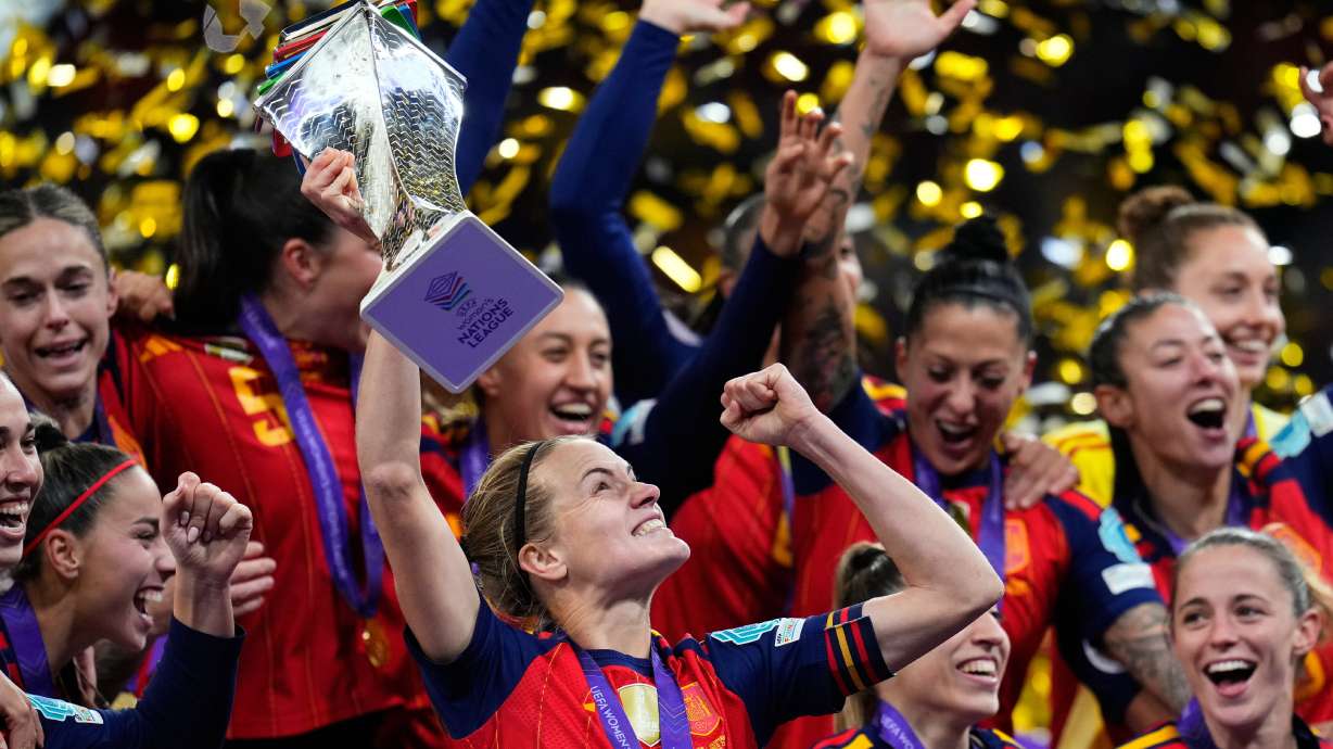 Spain's team captain Irene Paredes lifts the trophy after winning the Women's Nations League final soccer match between Spain and Germany in Madrid, Tuesday, Dec. 2, 2025.