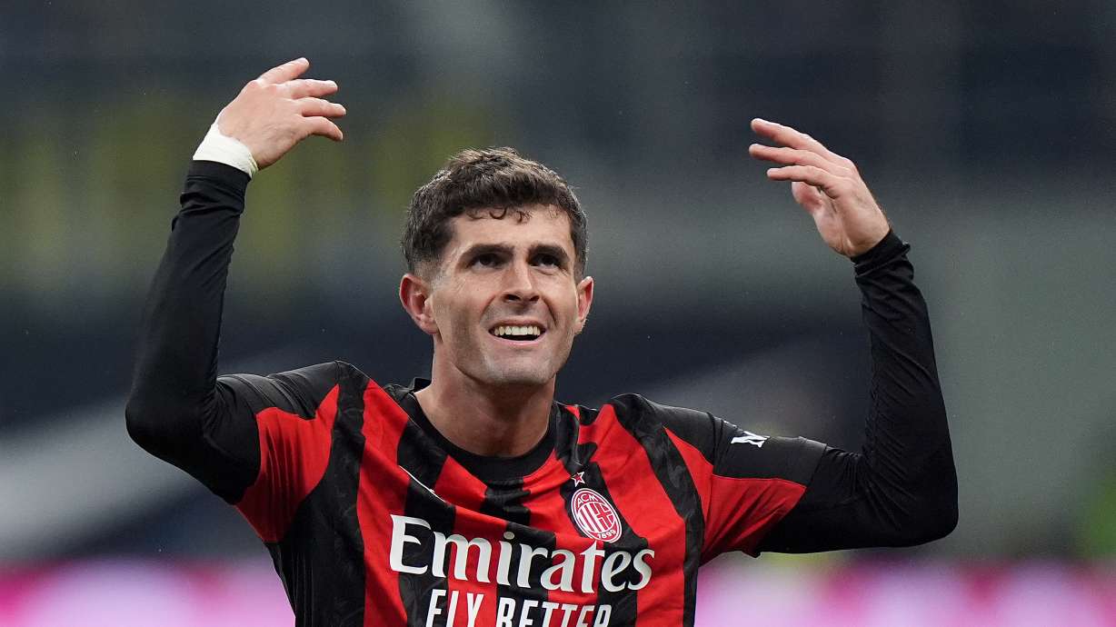 AC Milan's Christian Pulisic celebrates after scoring during the Serie A soccer match between Inter Milan and AC Milan in Milan, Italy, Sunday, Nov. 23, 2025.