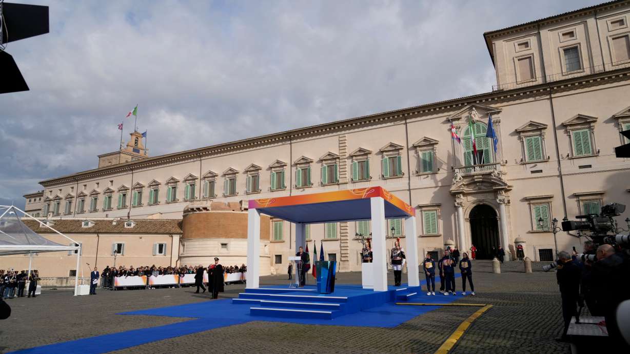 International Olympic Committee President Kirsty Coventry delivers her speech during the Milan Cortina 2026 Winter Olympics cauldron lighting, in front of the Quirinale Presidential Palace, in Rome, Friday Dec. 5, 2025.