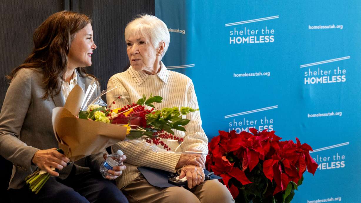 Salt Lake City Mayor Erin Mendenhall and Gail Miller speak at the Gail Miller Resource Center in Salt Lake City on Thursday. Miller announced a $10 million donation to Shelter the Homeless for capital improvements.