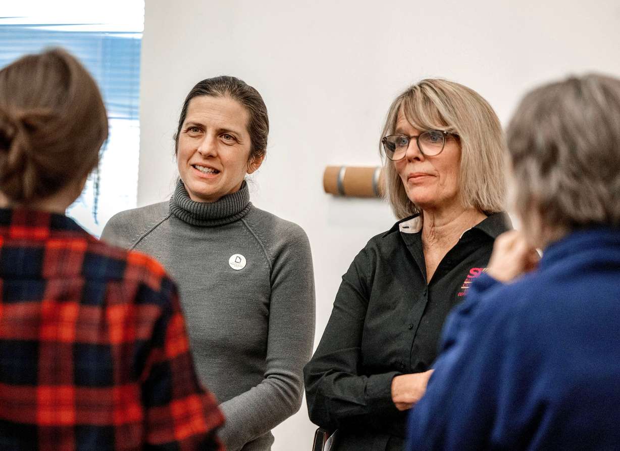 The Utah state epidemiologist, Dr. Leisha Nolen, left, and Dorothy Adams of Salt Lake County Health, representing the Utah Association of Local Health Departments, speak with reporters about the measles update at the Multi-Agency State Office Building in Salt Lake City on Thursday. Nolen said the true case count of measles in the state is likely higher.