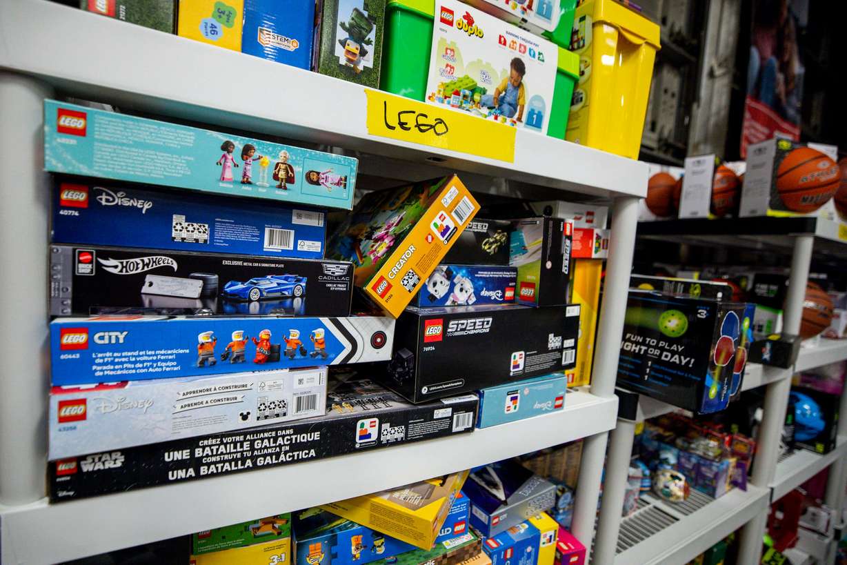 A shelf sits full of Legos for Sub for Santa gifts at United Way Utah County in Provo on Thursday.