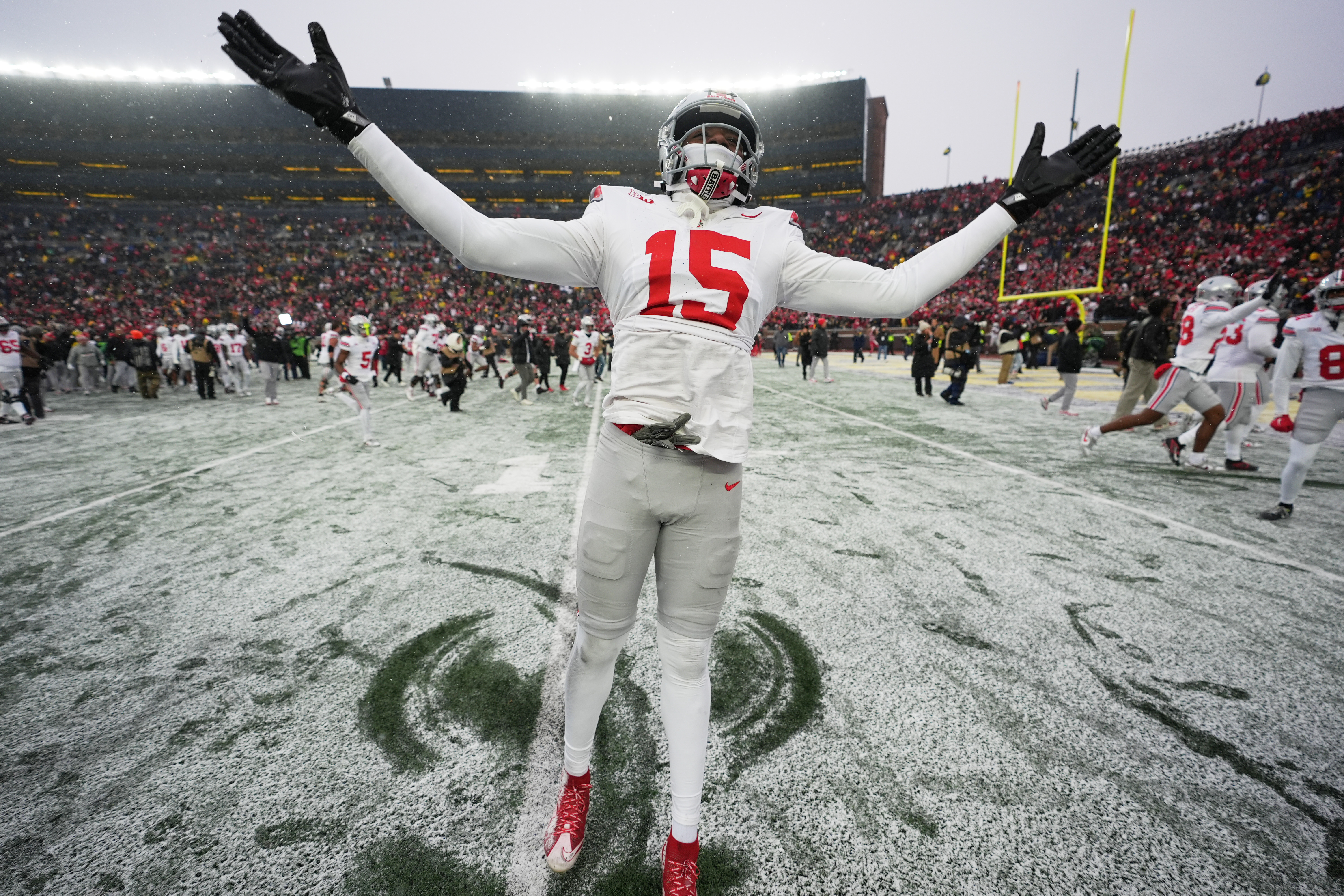 Ohio State Buckeyes defensive lineman Zion Grady celebrates after the team's win against Michigan in an NCAA college football game, Saturday, Nov. 29, 2025, in Ann Arbor, Mich. 