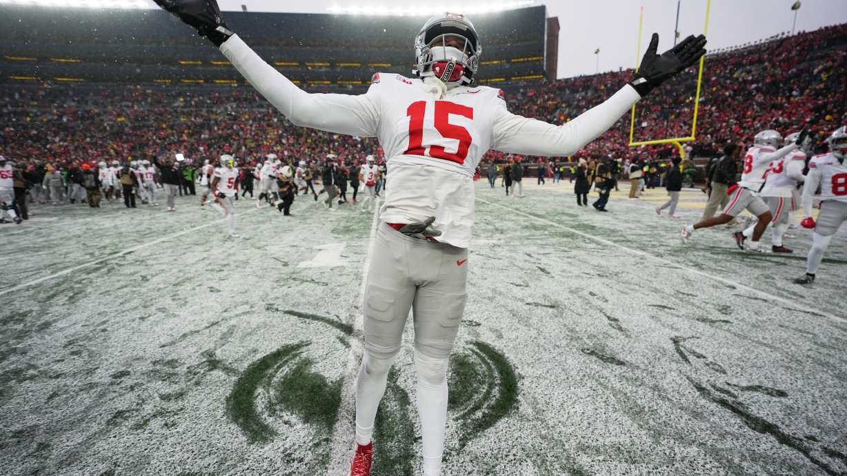 Ohio State Buckeyes defensive lineman Zion Grady celebrates after the team's win against Michigan in an NCAA college football game, Saturday, Nov. 29, 2025, in Ann Arbor, Mich.
