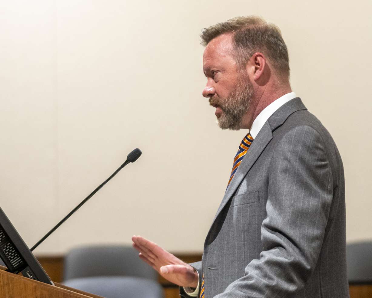 David Reymann, an attorney representing KSL and other media organizations, speaks during a hearing for Tyler Robinson in Provo's 4th District Court on Thursday. Robinson is accused of fatally shooting Charlie Kirk.
