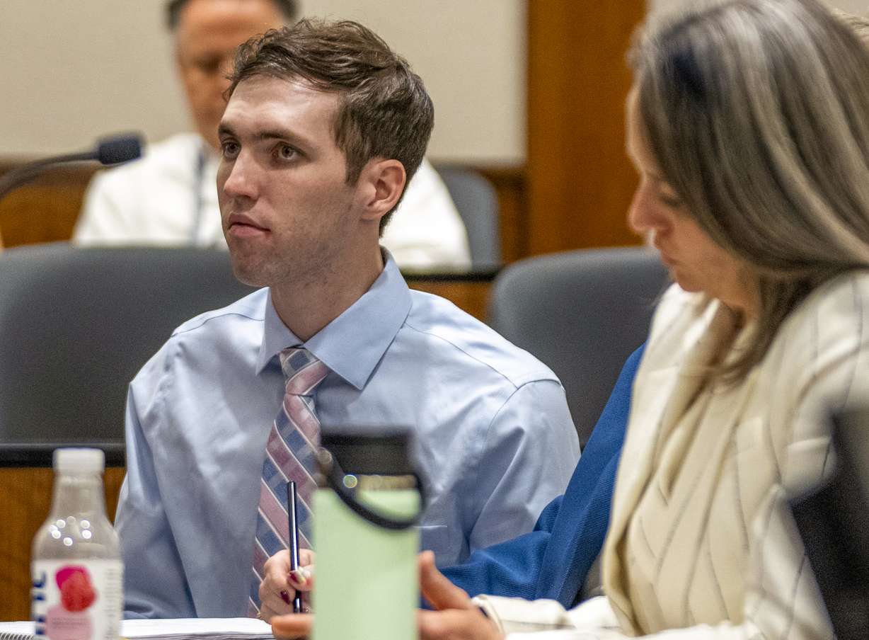 Tyler Robinson, accused in the fatal shooting of Charlie Kirk, appears during a hearing in 4th District Court in Provo, Thursday.
