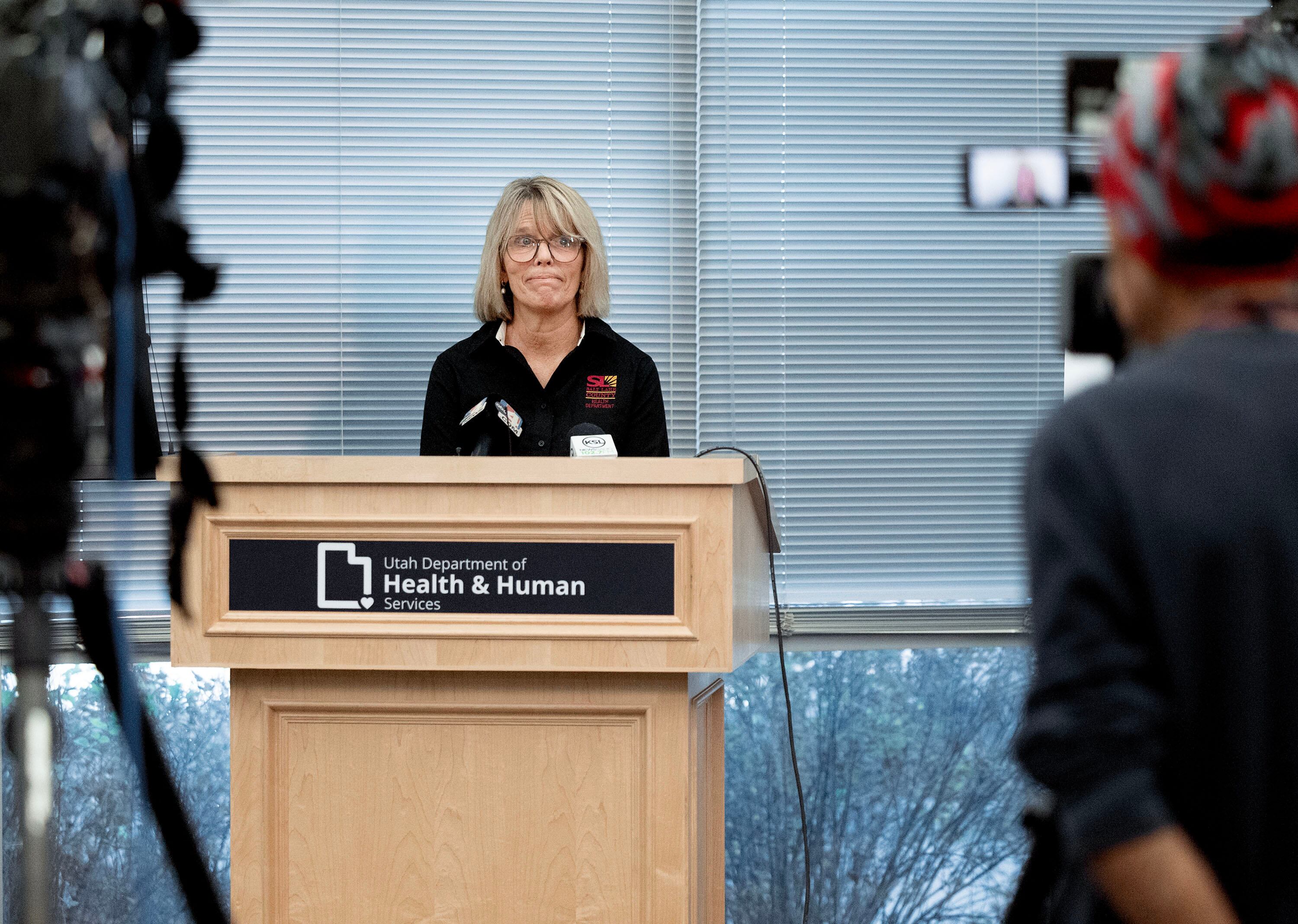Dorothy Adams of Salt Lake County Health, representing the Utah Association of Local Health Departments, speaks with reporters about the measles update at the Multi-Agency State Office Building in Salt Lake City on Thursday. Adams said to call ahead if you believe you've been exposed or are sick.