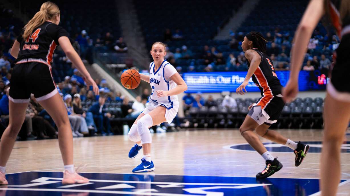 BYU's Olivia Hamlin dribbles as the Cougars held off Idaho State, 68-58 to improve to 10-1, Thursday, Dec. 11, 2025 in the Marriott Center.