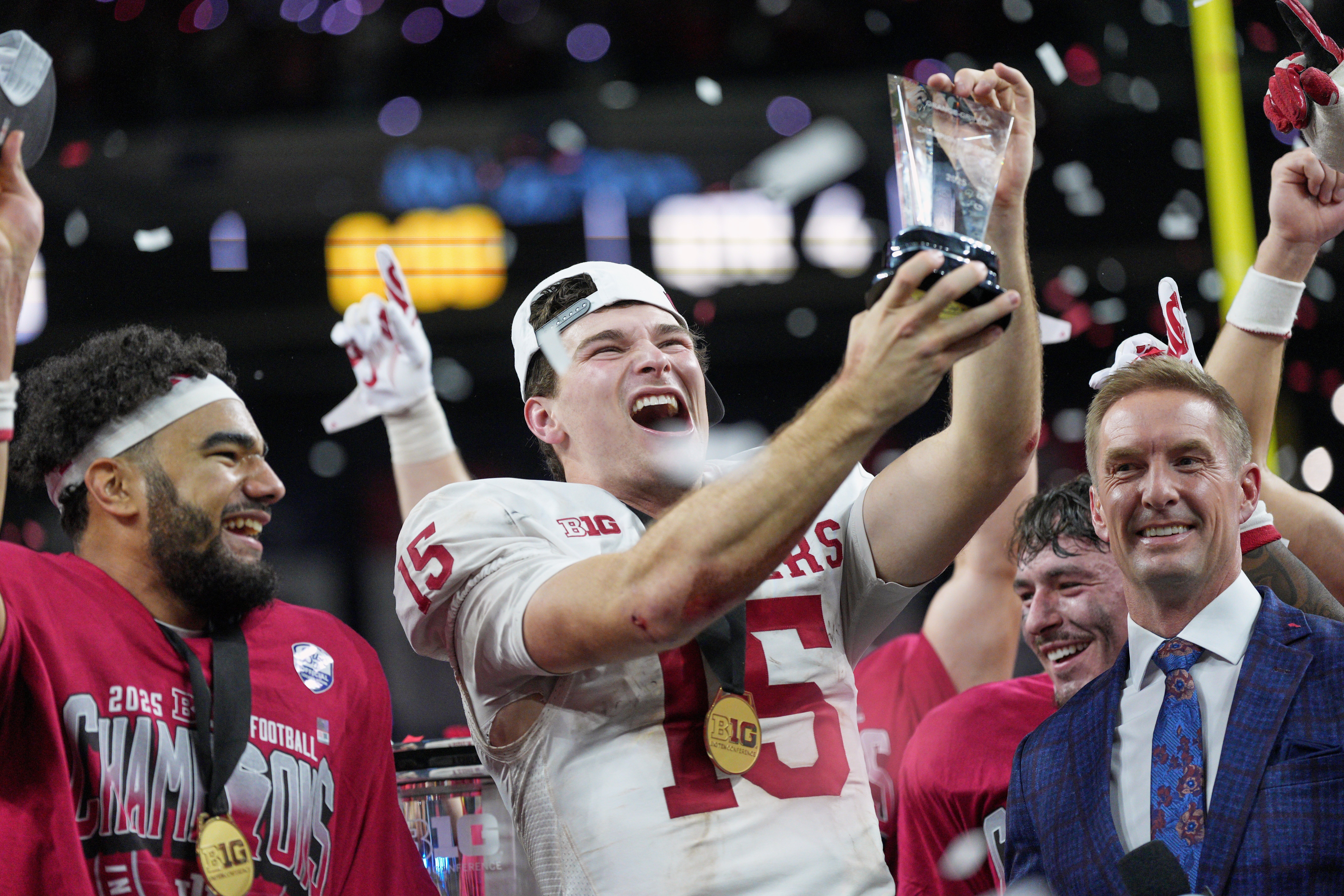 FILE - Indiana's Fernando Mendoza celebrates after the Big Ten championship NCAA college football game against Ohio State in Indianapolis, Saturday, Dec. 6, 2025. 