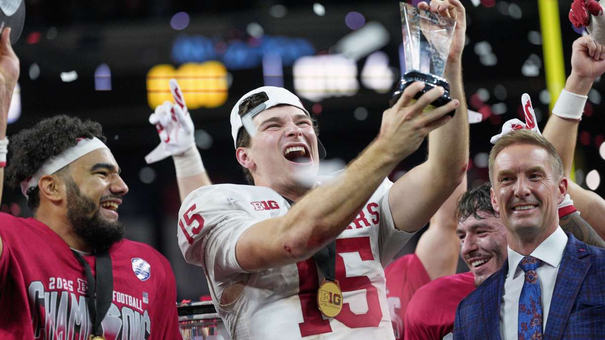 FILE - Indiana's Fernando Mendoza celebrates after the Big Ten championship NCAA college football game against Ohio State in Indianapolis, Saturday, Dec. 6, 2025.