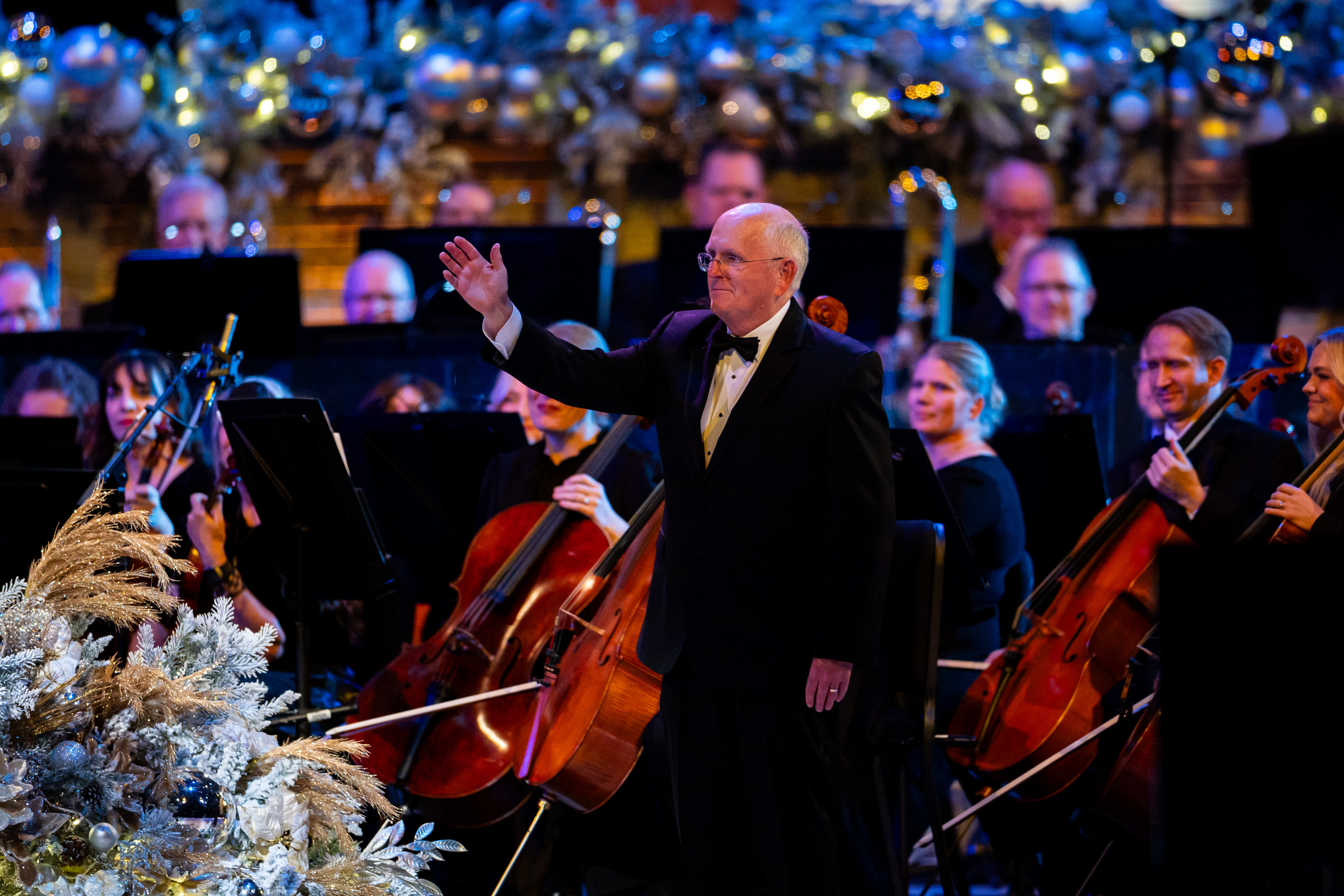 Mack Wilberg, music director, acknowledges the audience after the Tabernacle Choir at Temple Square’s Christmas concert at the Conference Center in Salt Lake City on Thursday.