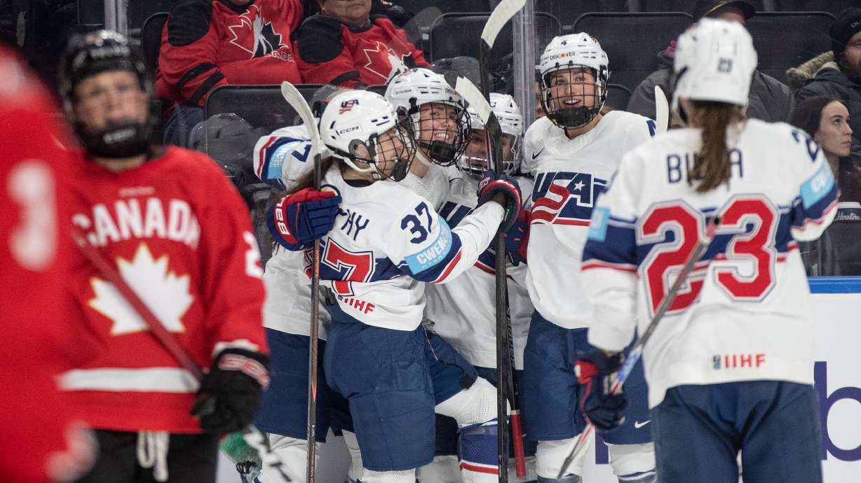 United States players celebrates a goal against Canada during the first period of Rivalry Series game in Edmonton on Wednesday, Dec. 10, 2025.