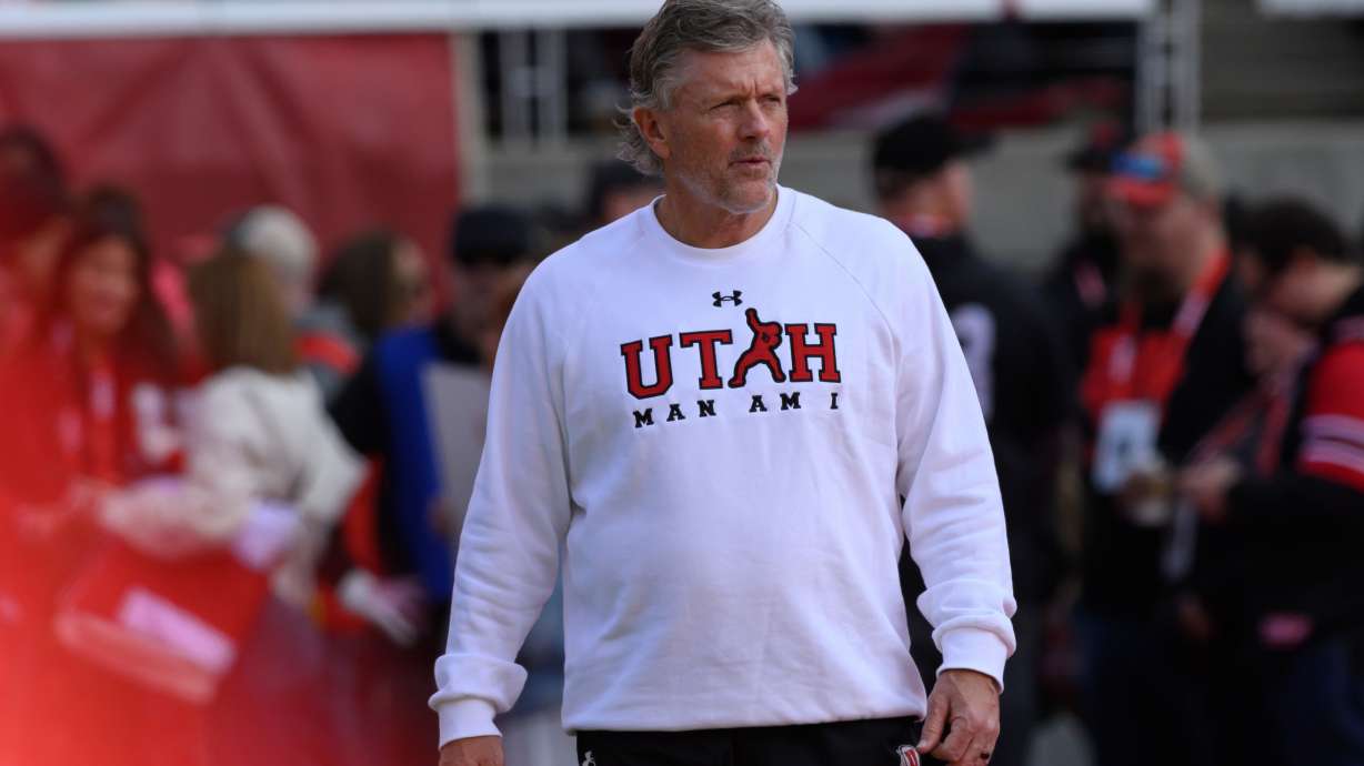 Utah head coach Kyle Whittingham before an NCAA college football game between Utah and Kansas State, Saturday, Nov. 22, 2025, in Salt Lake City.