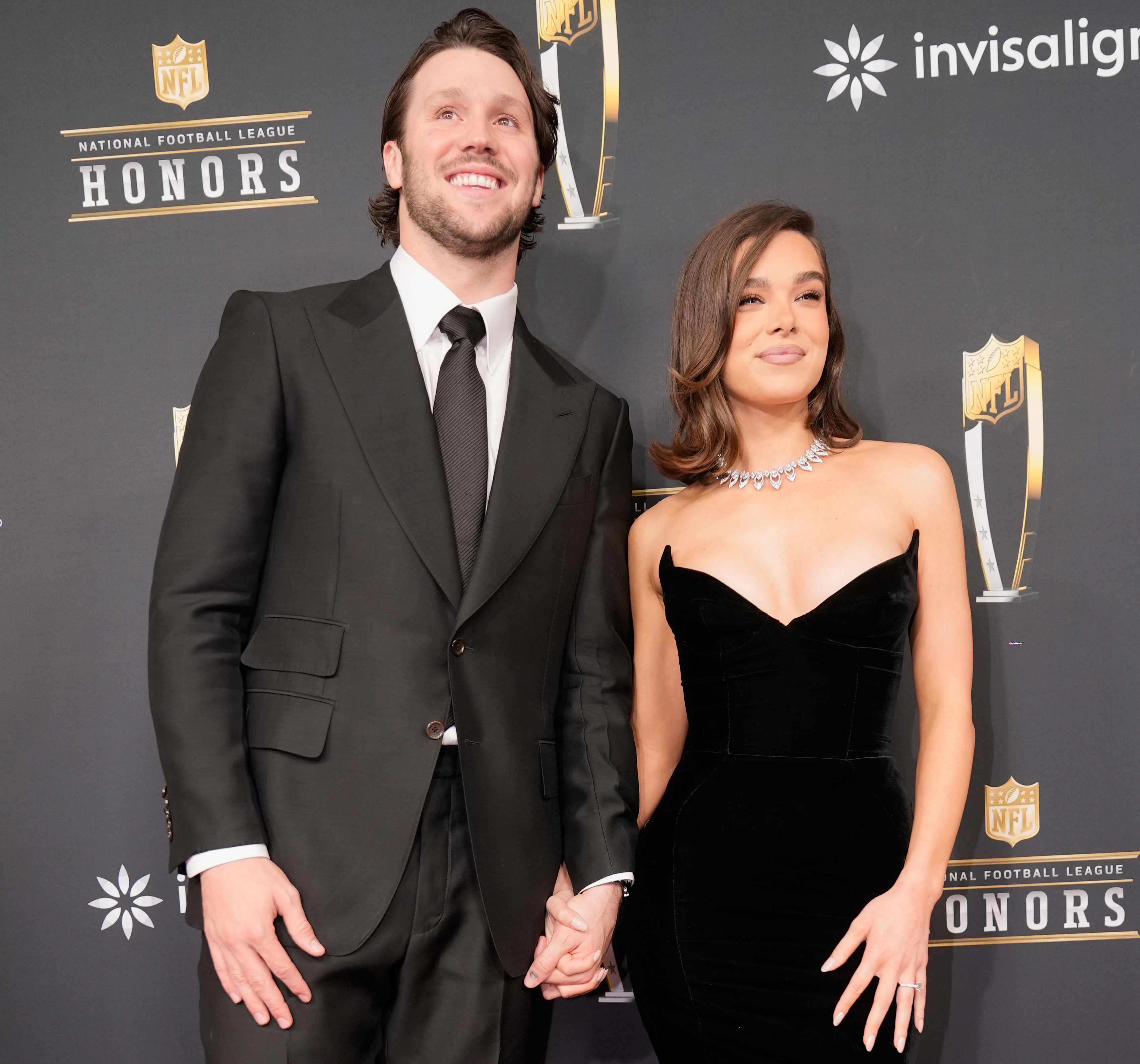 FILE - Josh Allen, of the Buffalo Bills, and his fiancé, Hailee Steinfeld, pose on the red carpet at the NFL Honors award show ahead of the Super Bowl 59 football game, Feb. 6, 2025, in New Orleans. 