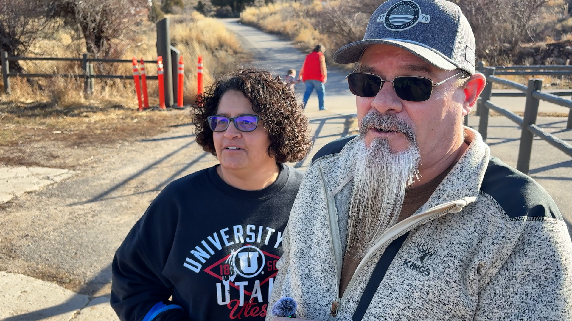 Regina and Troy Praether, from Tooele, speak with KSL-TV, Friday. Unseasonably warm weather have changed the way the traditional sleigh rides are run at Hardware Wildlife Management Area so far this year.
