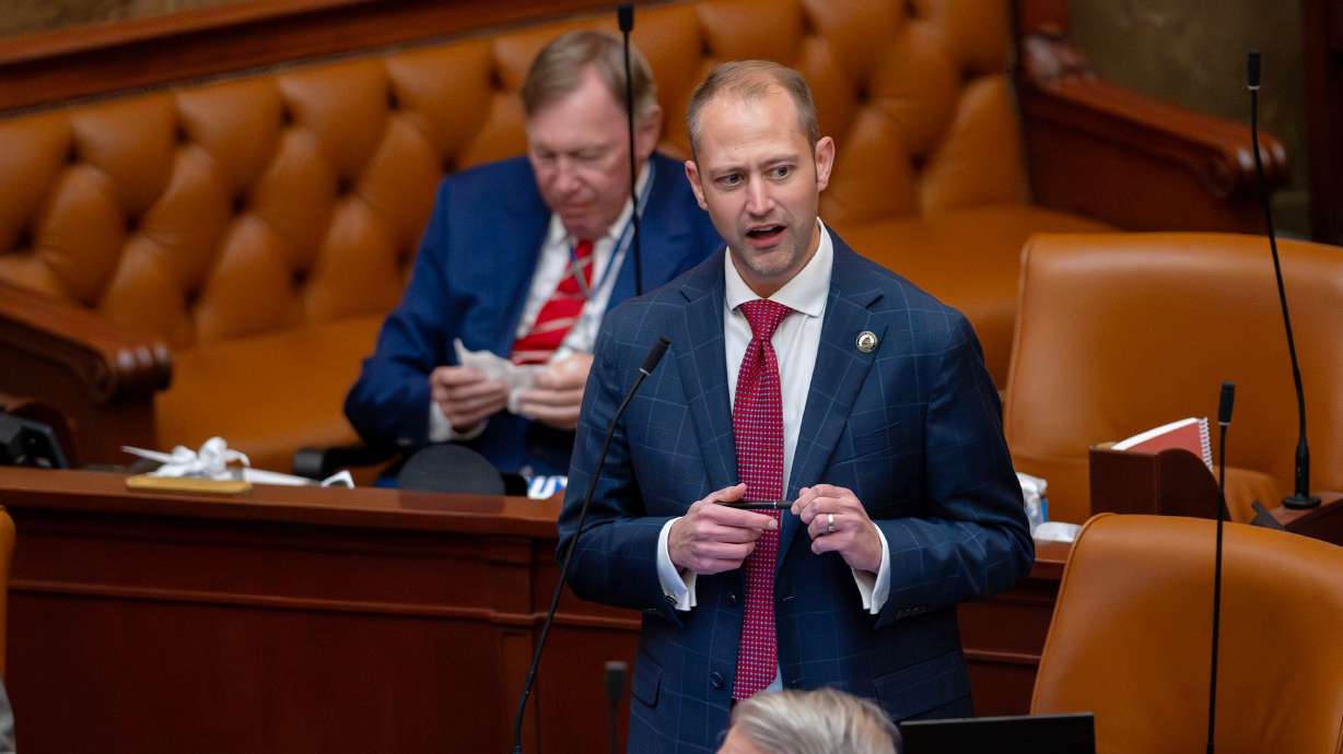 House Rules Chairman Rep. Jordan Teuscher, R-South Jordan, speaks during a special session at the Capitol in Salt Lake City on Tuesday. The Utah Legislature reversed course on a controversial new law ending collective bargaining for public unions.