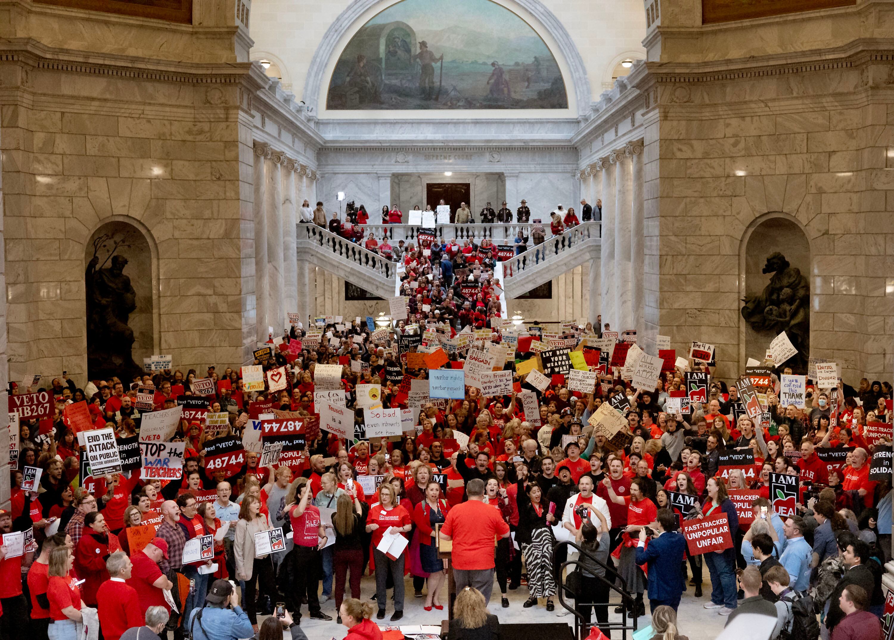 Union members attend a rally at the Capitol in Salt Lake City on Feb. 7. The protest came just one day after the Senate voted to pass HB267, which banned public labor unions from participating in collective bargaining; the law was repealed on Tuesday.