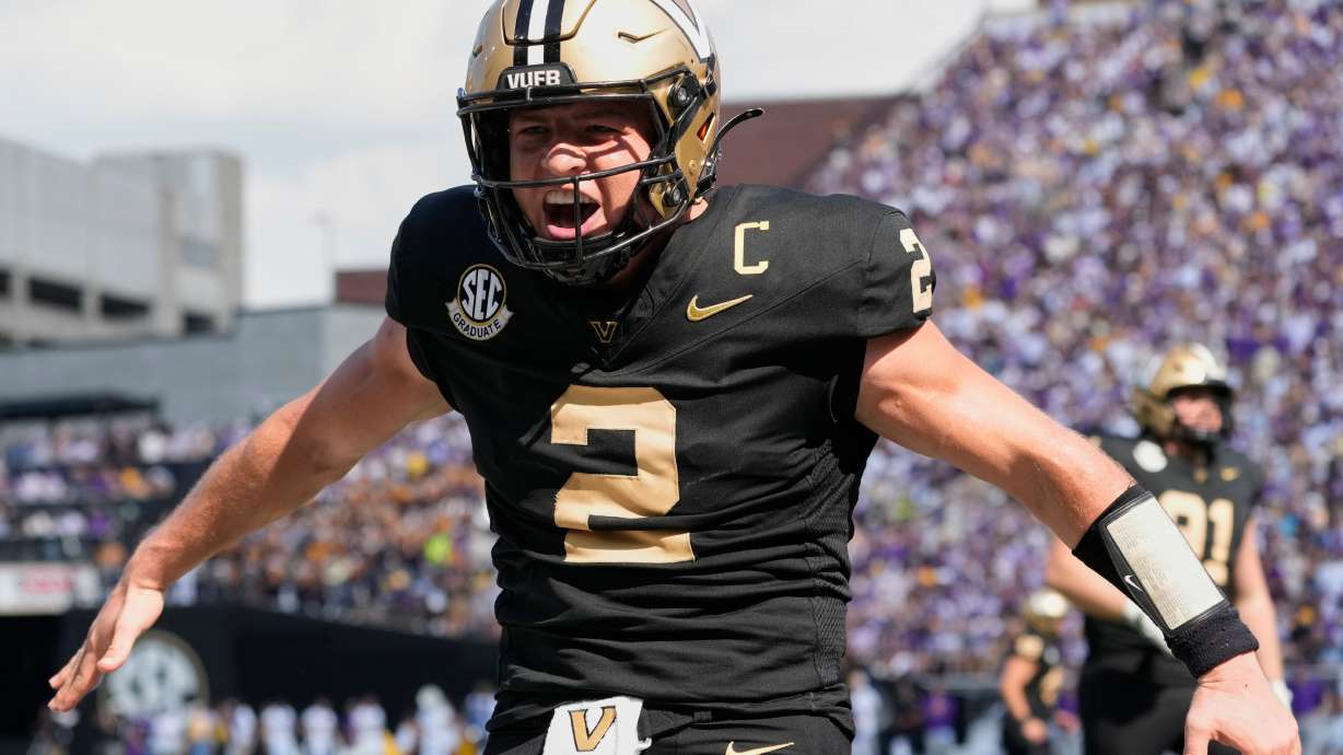 FILE - Vanderbilt quarterback Diego Pavia (2) celebrates a touchdown during the second half of an NCAA college football game against LSU, Saturday, Oct. 18, 2025, in Nashville, Tenn.