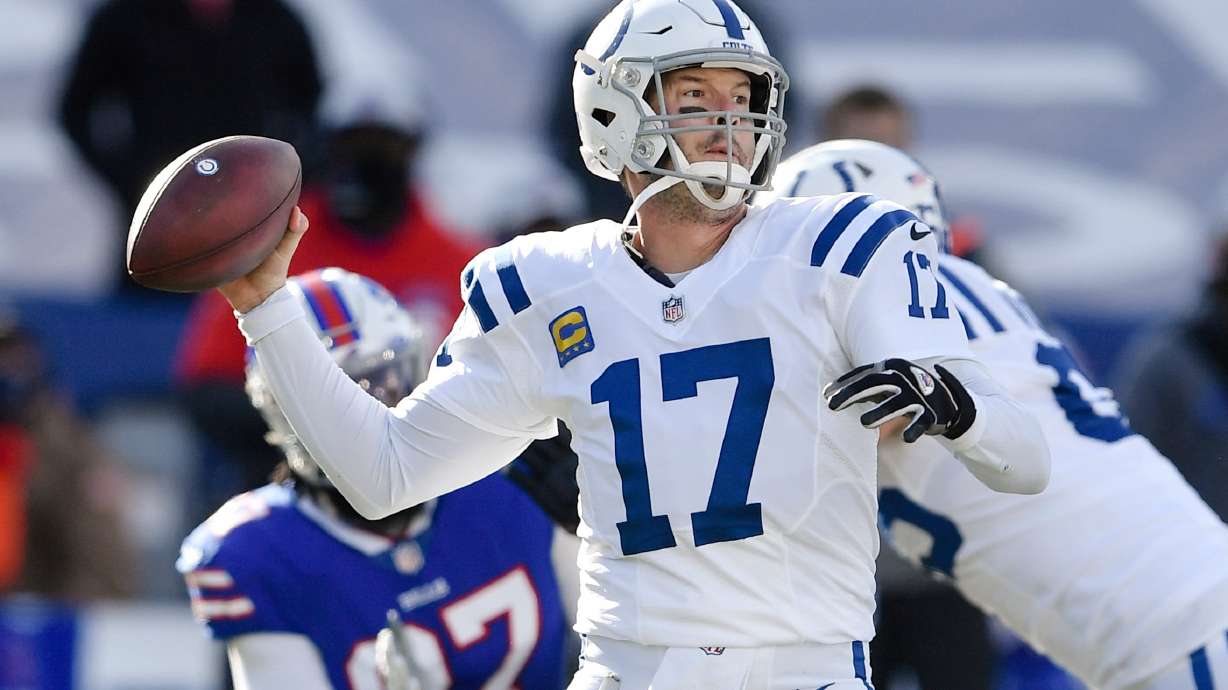FILE - Indianapolis Colts quarterback Philip Rivers (17) throws a pass during the first half of an NFL wild-card playoff football game against the Buffalo Bills, Saturday, Jan. 9, 2021, in Orchard Park, N.Y.