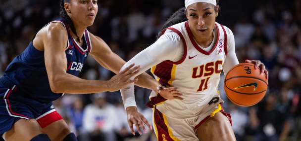 Azzi Fudd leads No. 1 UConn's 79-51 rout of 16th-ranked USC with JuJu Watkins looking on
