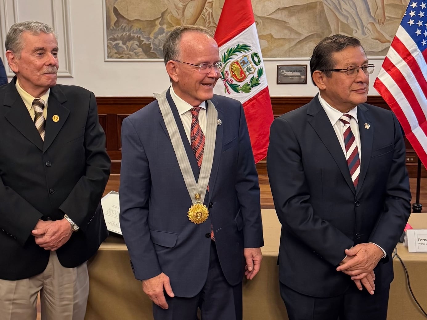 Utah Senate President Stuart Adams is honored by Peru's Congress on Dec. 5, in Lima, Peru. He stands between Peruvian lawmakers Fernando Rospigliosi and Eduardo Salhuana. A delegation led by Adams was in Peru for a trade mission coinciding with the launch of Delta Air Lines' new direct service from Salt Lake City to Lima.