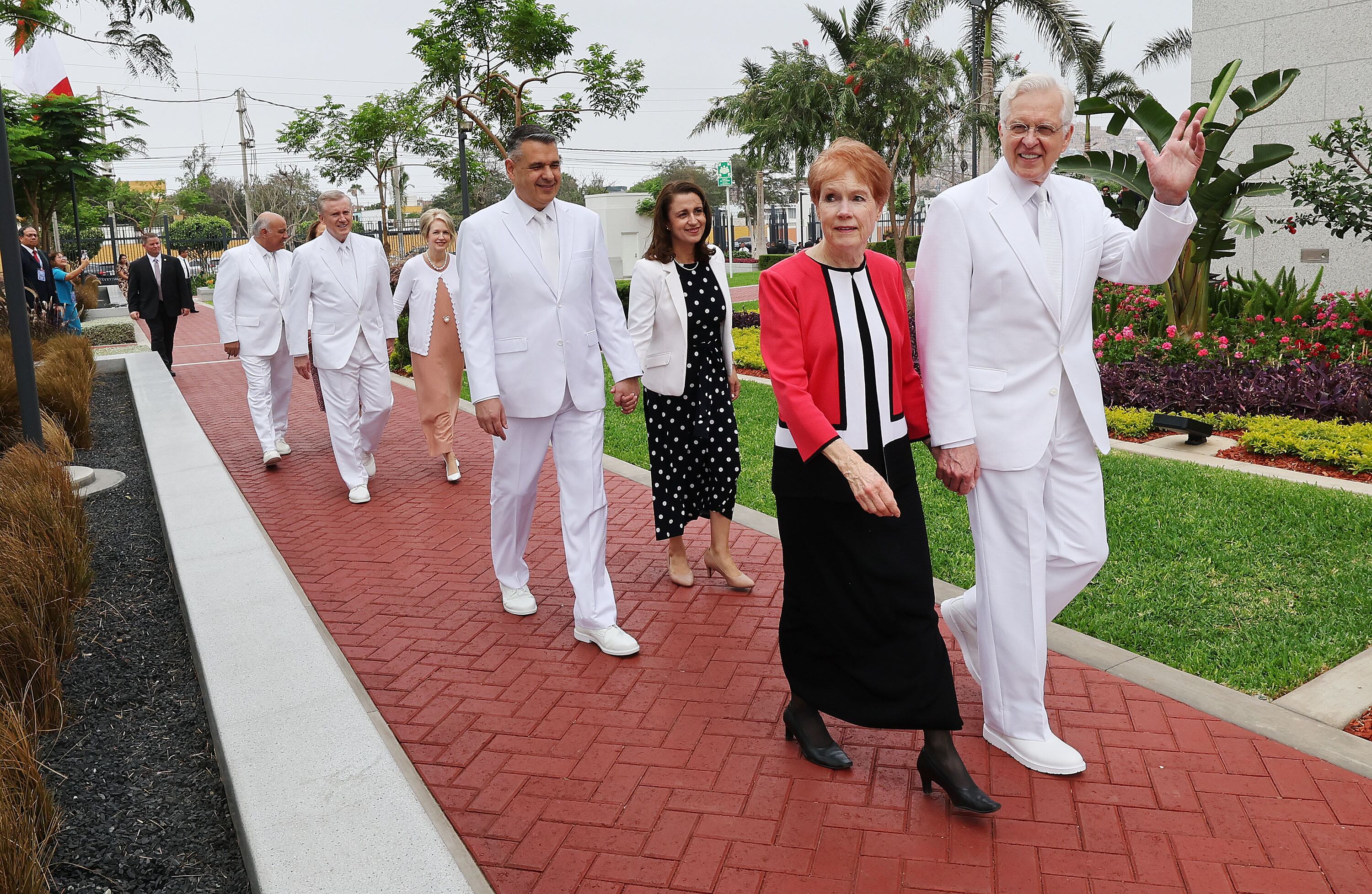 Elder D. Todd Christofferson of the Quorum of the Twelve Apostles and his wife, Sister Kathy Christofferson; Elder Juan Pablo Villar, general authority seventy and Sister Carola Villar; Elder Kevin R. Duncan, general authority seventy, and Sister Nancy Duncan; and Elder Jorge F. Zeballos, president of the South America Northwest Area and Sister Carmen Zeballos prior to the dedication of the Lima Peru Los Olivos Temple on Jan. 14, 2024. Elder Christofferson spoke about how God has had his divine eye on Peru.