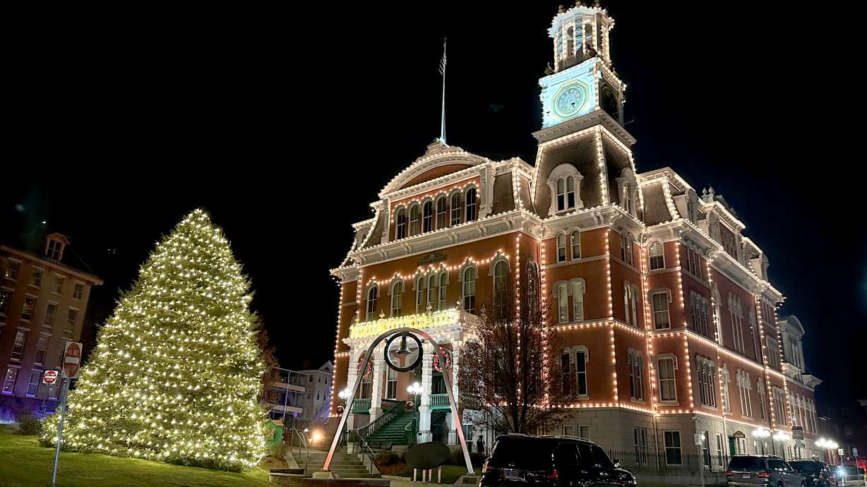 Norwich City Hall is decorated for the annual "Light Up City Hall" event in Norwich, Conn., Dec. 5. Scenes from Hallmark movie Sugar Plum Twist were filmed at City Hall.