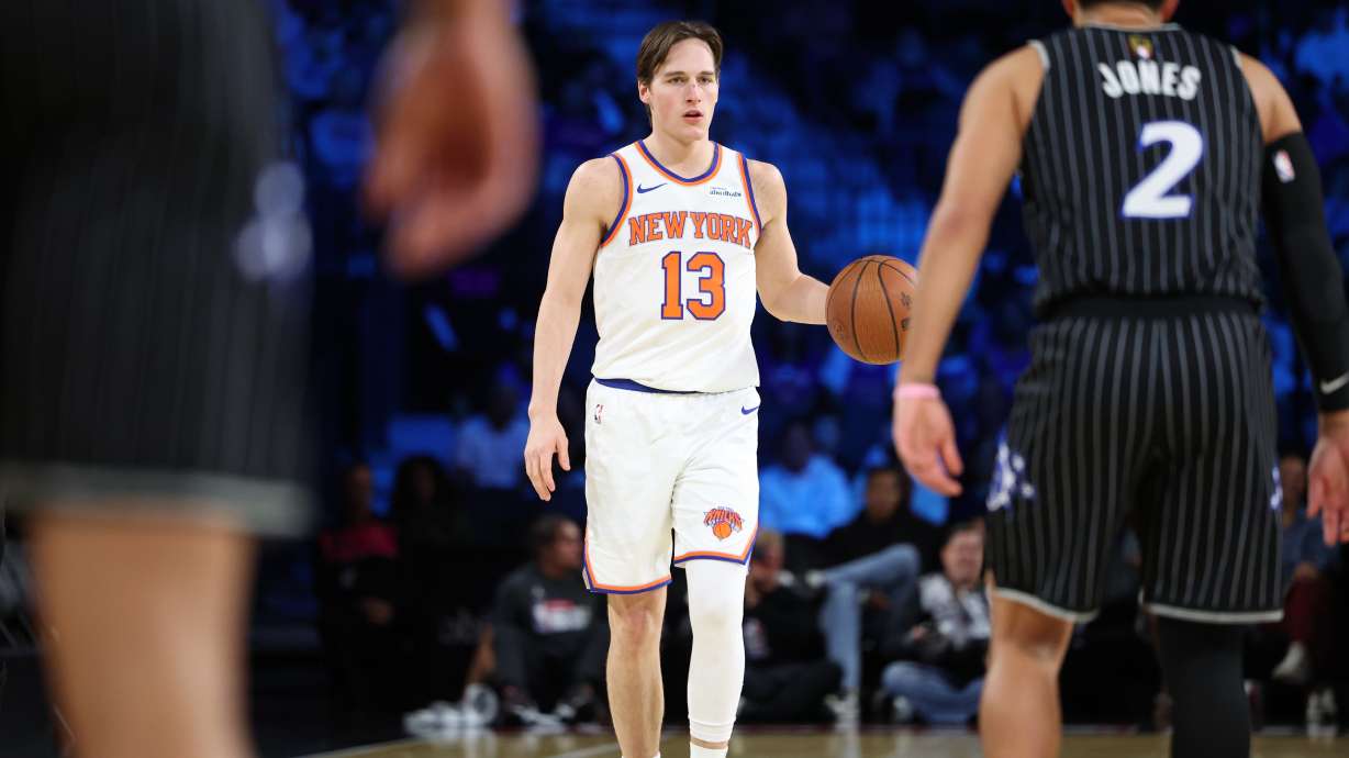 New York Knicks guard Tyler Kolek (13) dribbles the ball during the first half of an NBA Cup semifinals basketball game against the Orlando Magic, Saturday, Dec. 13, 2025, in Las Vegas.