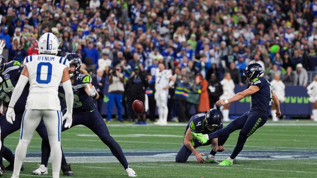 Seattle Seahawks place-kicker Jason Myers (5) kicks the game-winning field goal during the second half of an NFL football game against the Indianapolis Colts, Sunday, Dec. 14, 2025, in Seattle.