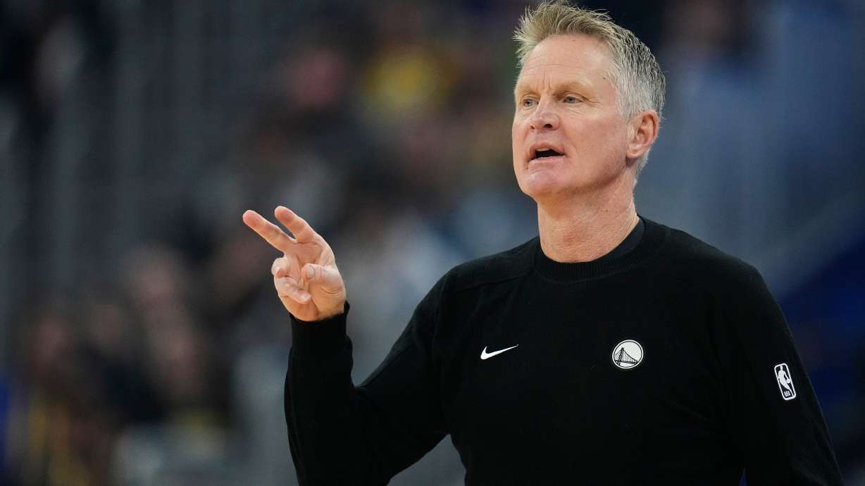 Golden State Warriors head coach Steve Kerr gestures during the first half of an NBA basketball game against the Minnesota Timberwolves, Friday, Dec. 12, 2025, in San Francisco.