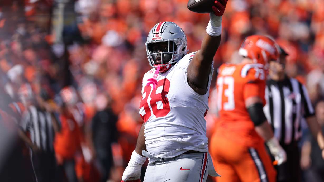 FILE - Ohio State defensive lineman Kayden McDonald (98) celebrates after recovering a fumble during an NCAA football game on Saturday, Oct. 11, 2025, in Champaign, Ill.