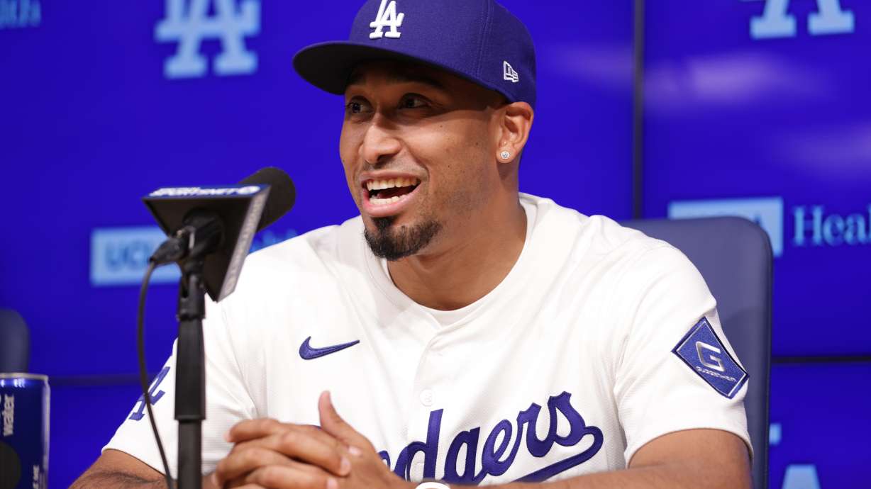 Edwin Díaz speaks during his introduction as a new member of the Los Angeles Dodgers baseball team Friday, Dec. 12, 2025, in Los Angeles.
