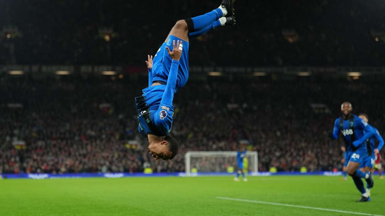 Bournemouth's Eli Junior Kroupicelebrates after scoring during a Premier League soccer match between Manchester United and Bournemouth in Manchester, England, Monday, Dec. 15, 2025.
