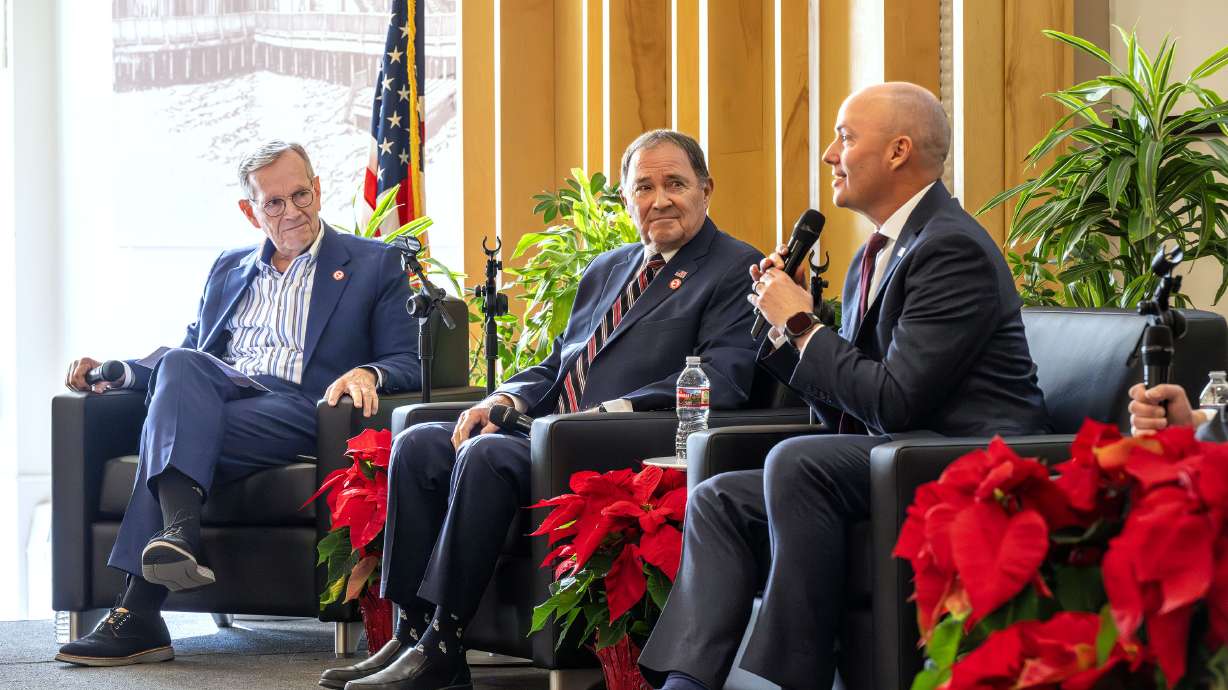 Former Utah Govs. Mike Leavitt and Gary Herbert join current Gov. Spencer Cox on stage to discuss a wide number of topics, including leadership and the future of the state, at the University of Utah’s Union Building in Salt Lake City on Monday.
