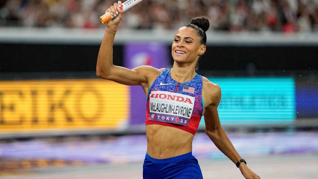 FILE - Sydney McLaughlin-Levrone crosses the finish line to win the women's 4 X 400 meters relay at the World Athletics Championships in Tokyo, Sept. 21, 2025.
