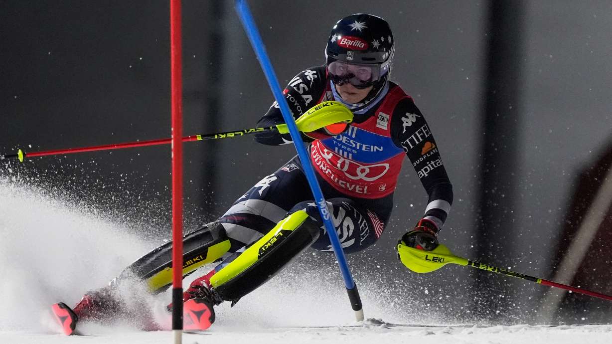 United States' Mikaela Shiffrin competes in an alpine ski, women's World Cup slalom, in Courchevel, France, Tuesday, Dec. 16, 2025.
