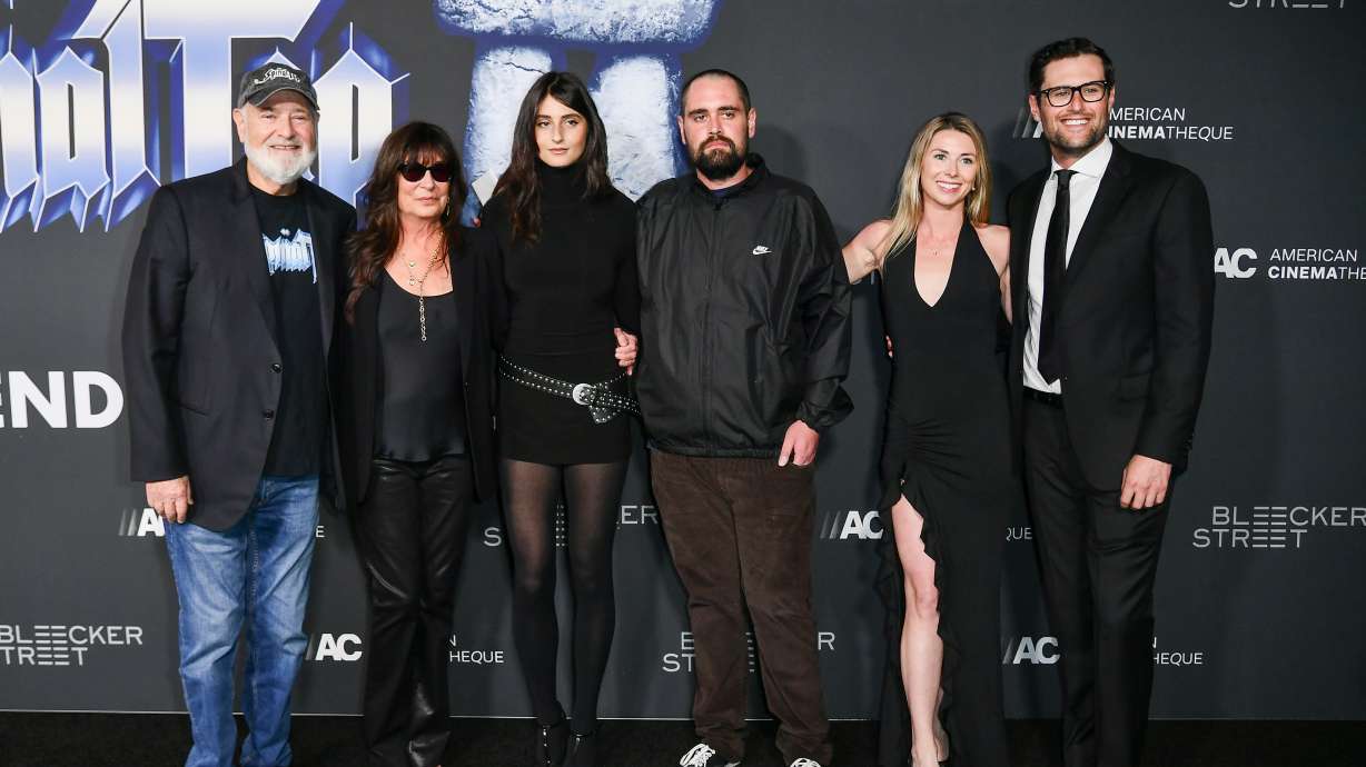 Rob Reiner, from left, Michele Singer Reiner, Romy Reiner, Nick Reiner, Maria Gilfillan, and Jake Reiner arrive at the premiere of "Spinal Tap II: The End Continues," on Sept. 9 at The Egyptian Theatre Hollywood in Los Angeles. Prosecutors said Tuesday that Nick Reiner will be charged in the killing of Rob and Michele Reiner.