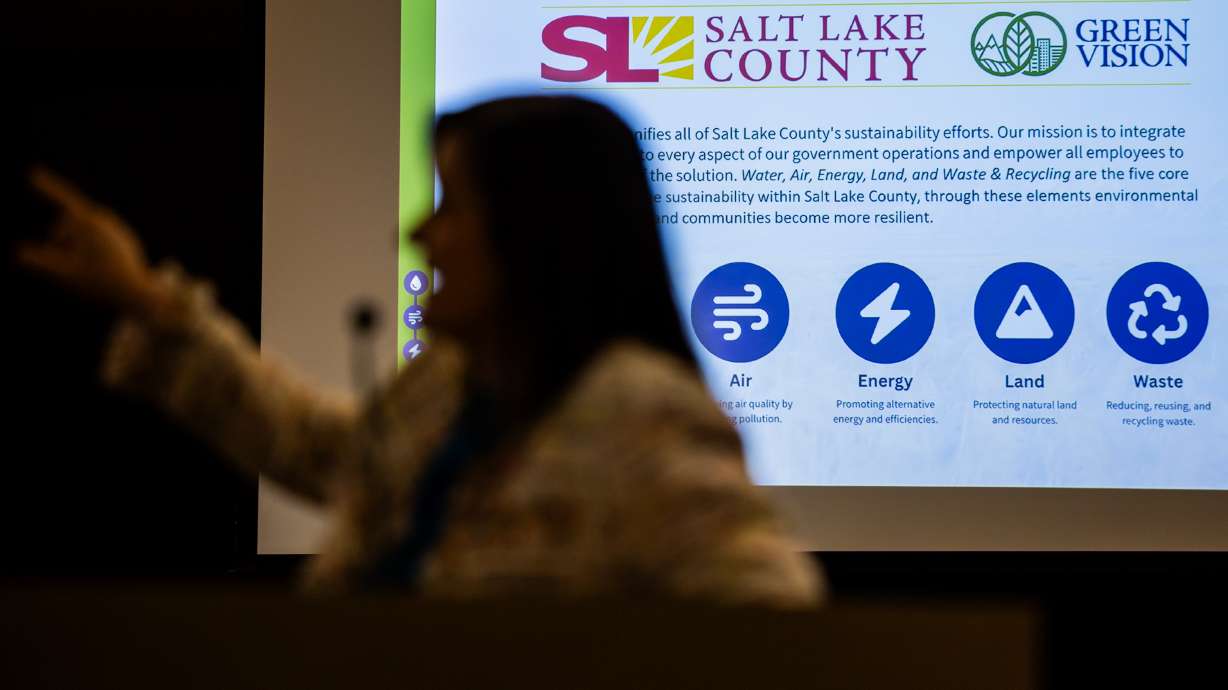 Salt Lake County Mayor Jenny Wilson speaks during the county's inaugural Sustainability Achievement Awards on Tuesday. Wilson unveiled "Green Vision," designed to highlight and unify cross-departmental sustainability efforts throughout the county.
