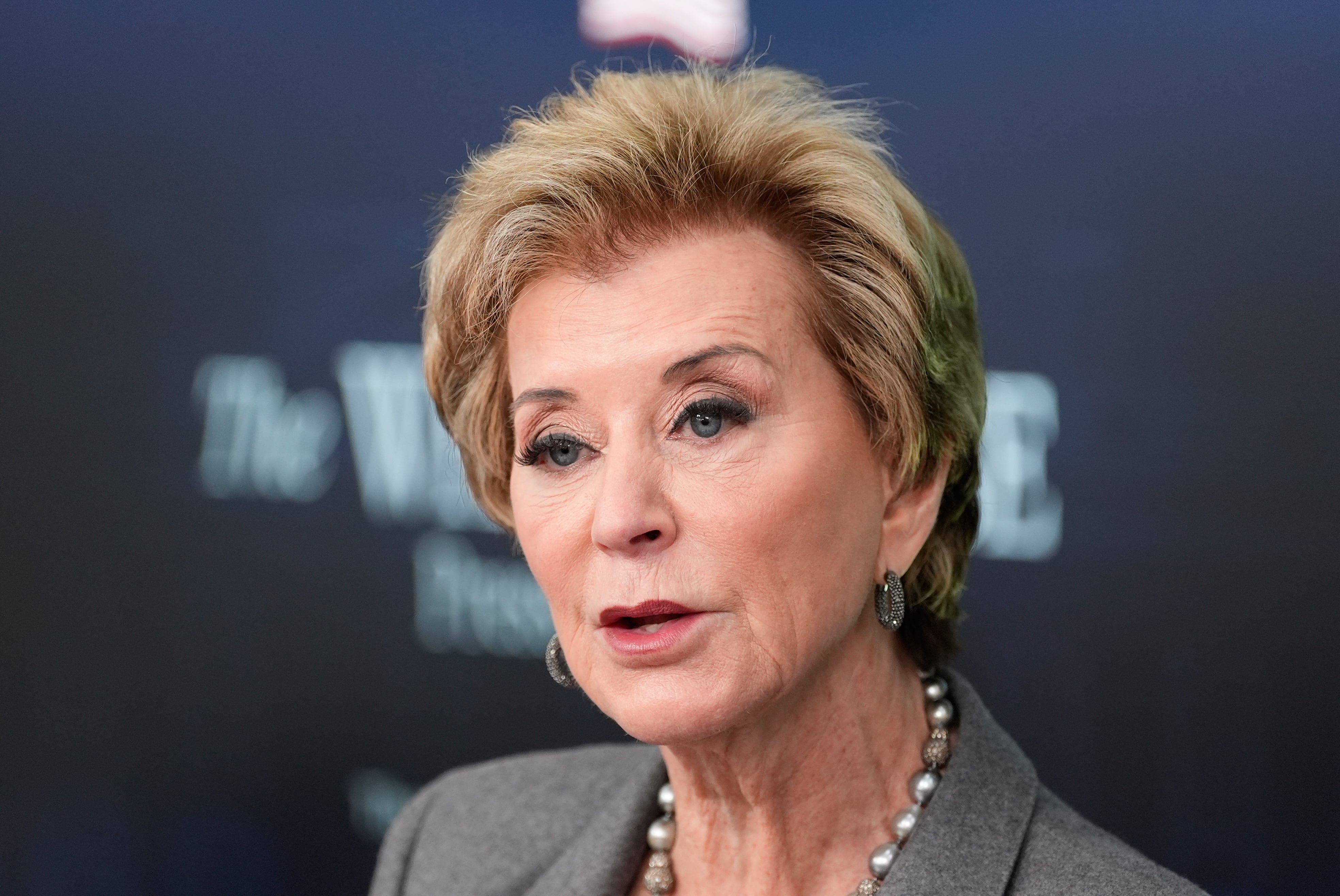 Education Secretary Linda McMahon speaks with reporters in the James Brady Press Briefing Room at the White House, Nov. 20, in Washington.