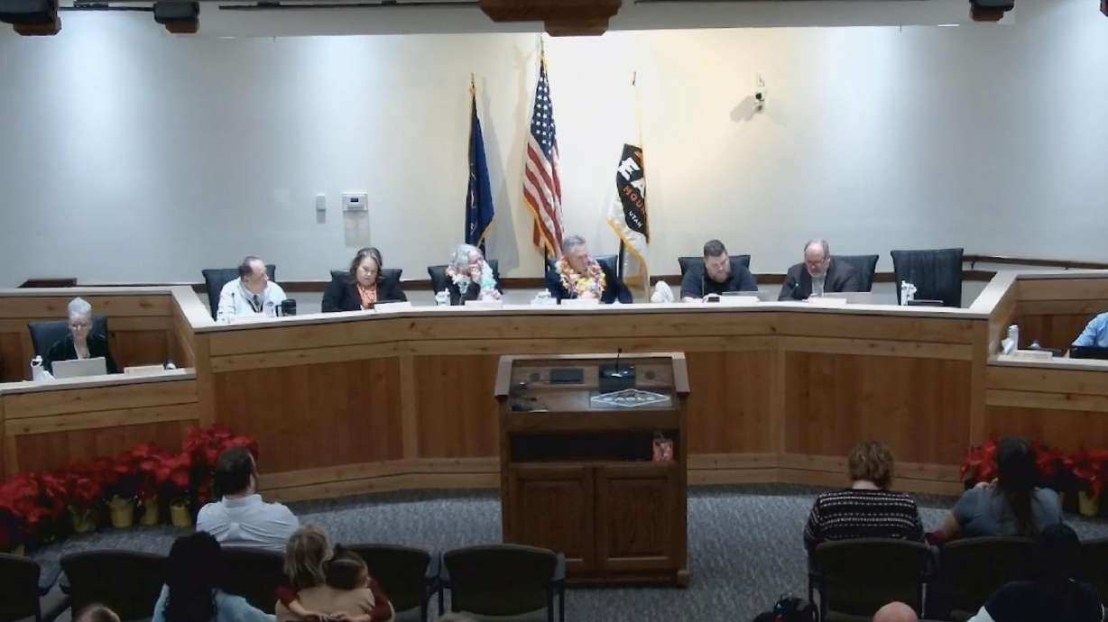 Eagle Mountain City Council members discuss a measure to approve an overlay zone to that would allow future nuclear energy generation in the city on Dec. 16. The council tabled the discussion again on Tuesday.