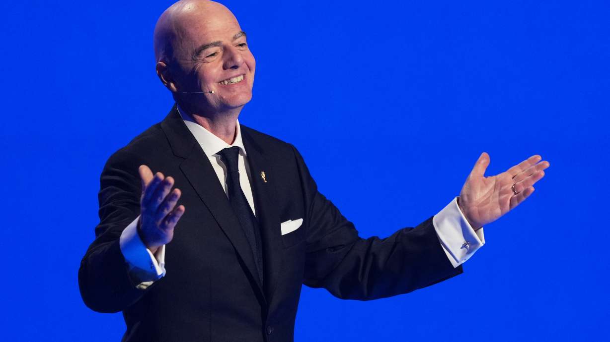 FIFA President Gianni Infantino speaks during the draw for the 2026 soccer World Cup at the Kennedy Center in Washington, Friday, Dec. 5, 2025.