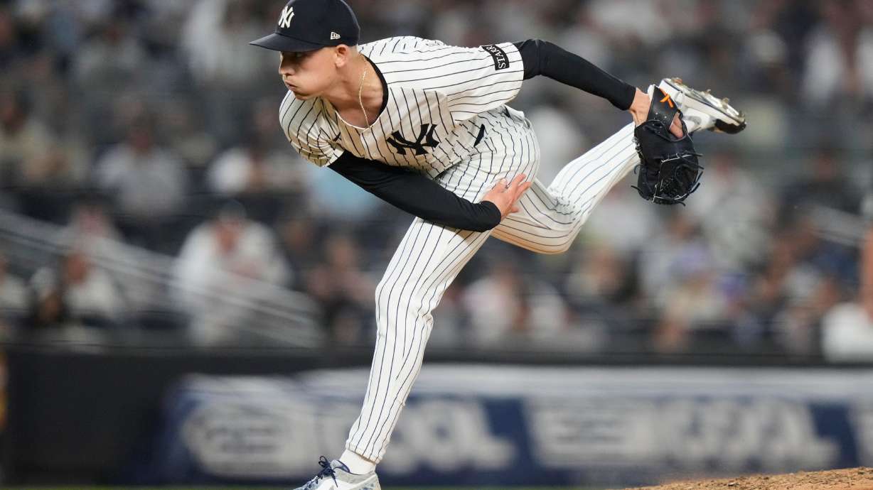 FILE - New York Yankees' Luke Weaver pitches during the seventh inning of a baseball game against the Minnesota Twins Monday, Aug. 11, 2025, in New York.