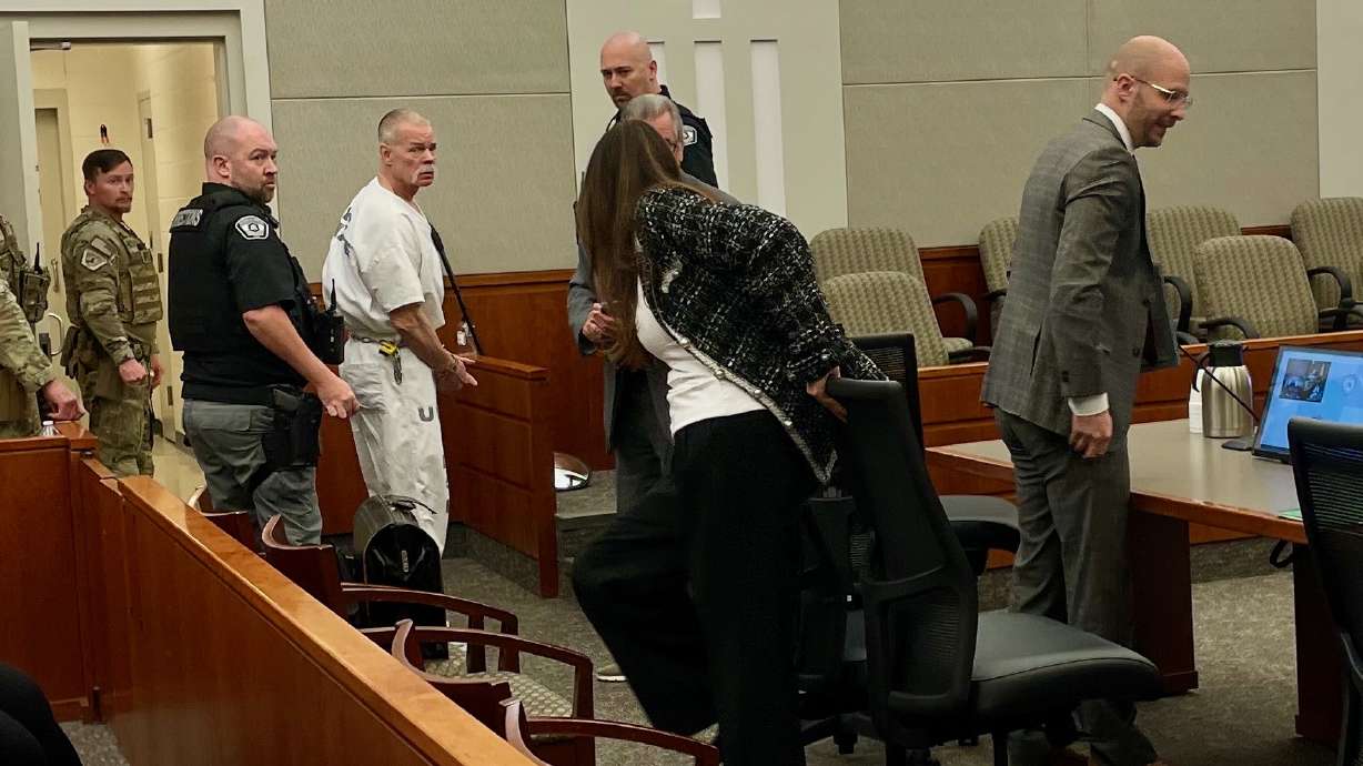 The 1985 murder case of Douglas Lovell, in the white jumpsuit, was the focus of a hearing on Wednesday in 2nd District Court in Farmington. He awaits sentencing for the 1985 killing of Joyce Yost.