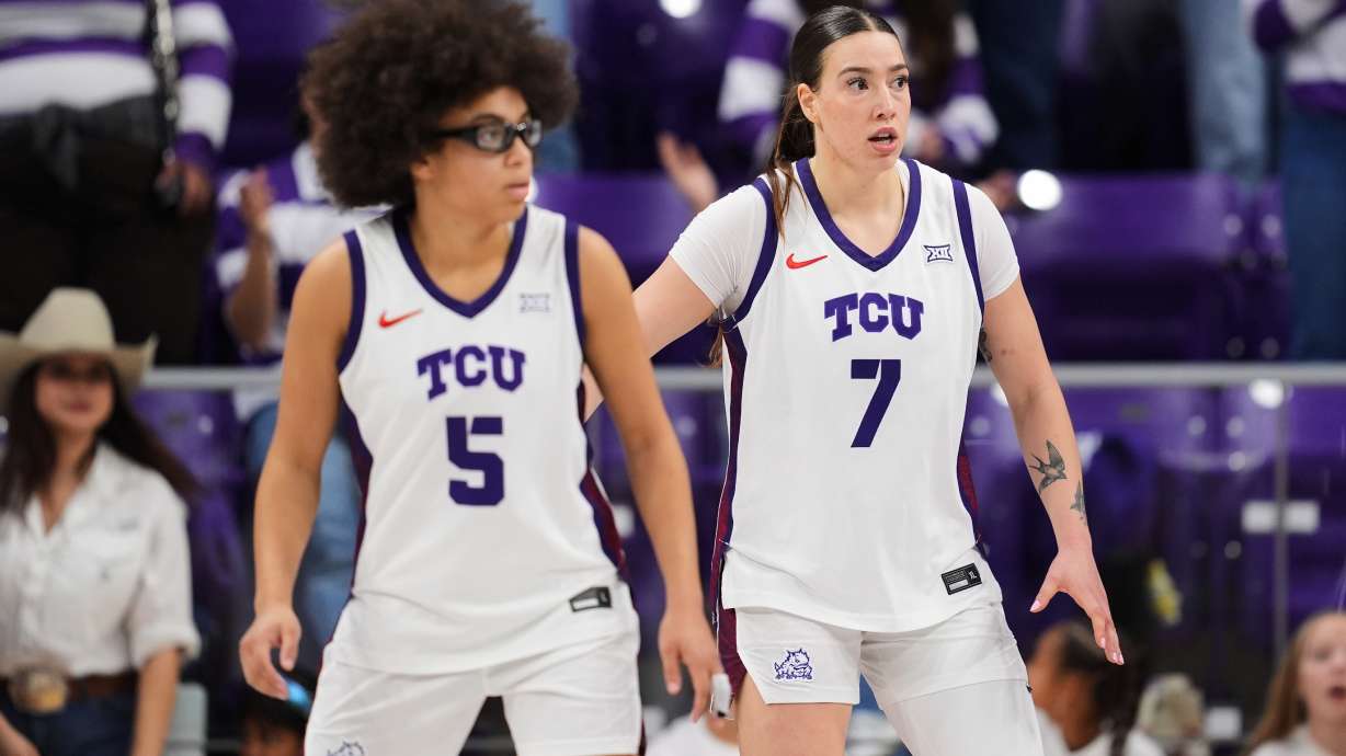 TCU's Olivia Miles (5) and Marta Suarez (7) defend during an NCAA college basketball game against Arkansas Pine Bluff in Fort Worth, Texas, Tuesday, Dec. 16, 2025.