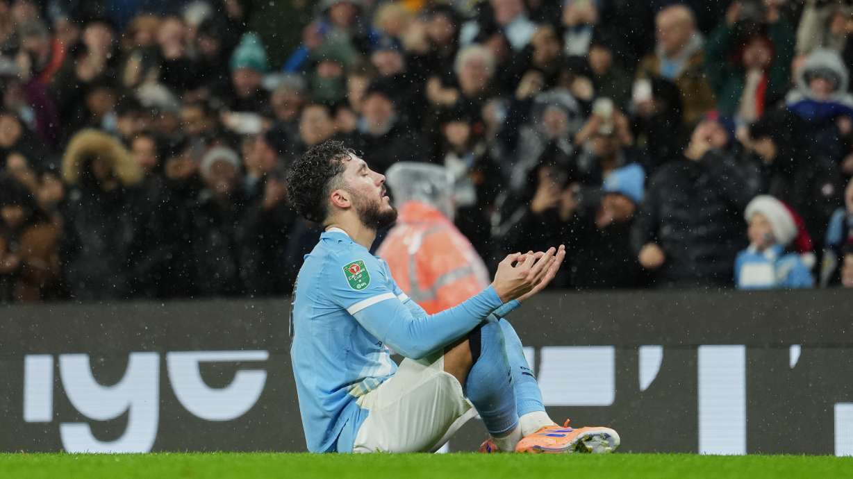 Manchester City's Rayan Cherki celebrates after scoring his side's first goal during the English League Cup soccer match between Manchester City and Brentford in Manchester, England, Wednesday, Dec. 17, 2025.